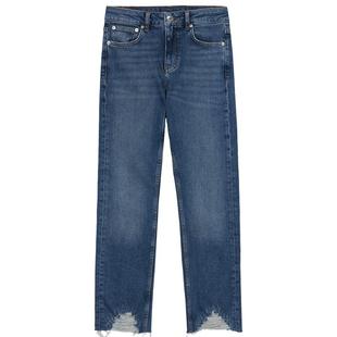 Maje春夏女装复古牛仔蓝色舒适做旧毛边高腰修身烟管铅笔牛仔裤