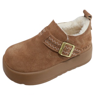 诗路花语女鞋2025冬真皮勃肯鞋厚底棉鞋加绒毛毛鞋懒人鞋100-719