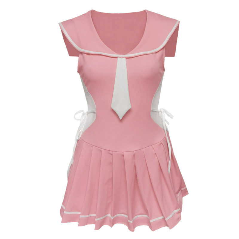 水手服粉色学院风高腰无袖女裙