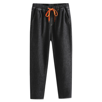 胖妹妹弹力哈伦抽绳牛仔裤