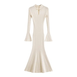 YoungGirlDay新中式立领盘扣喇叭袖旗袍式针织包臀鱼尾连衣裙长裙