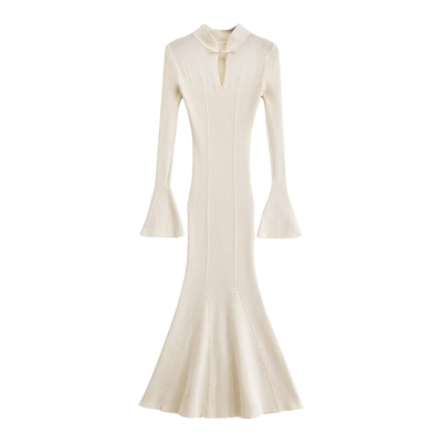 新中式旗袍式针织包臀鱼尾连衣裙