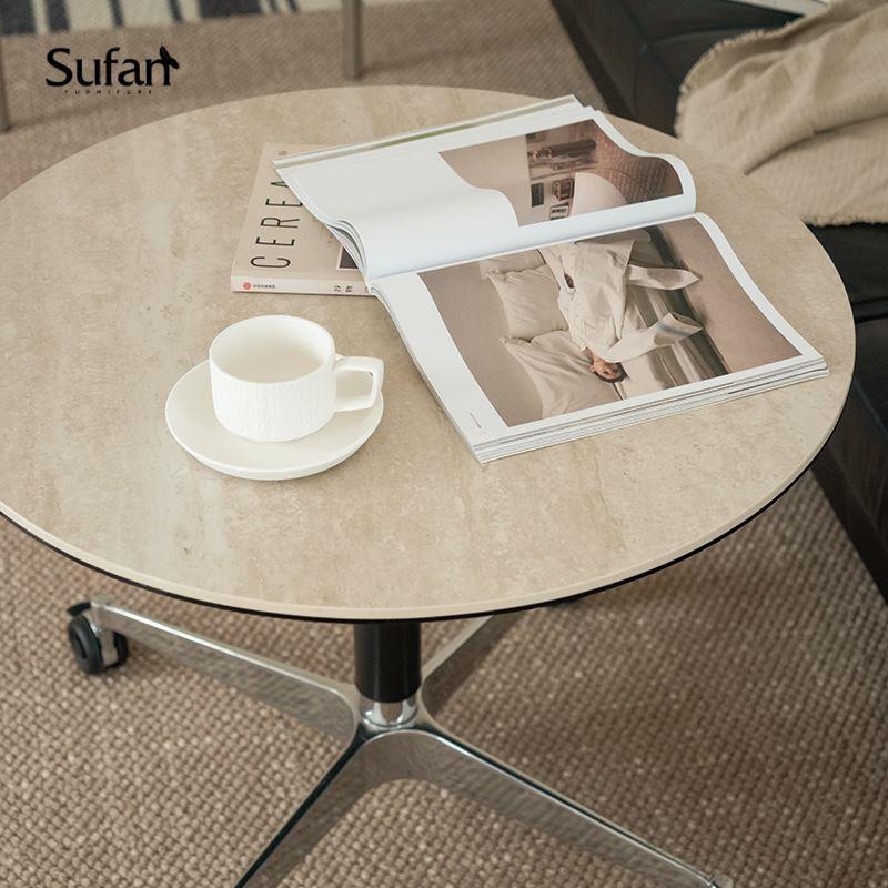 舒梵随行茶几/可升降移动多功能小圆桌/中古洞石岩板咖啡桌边几