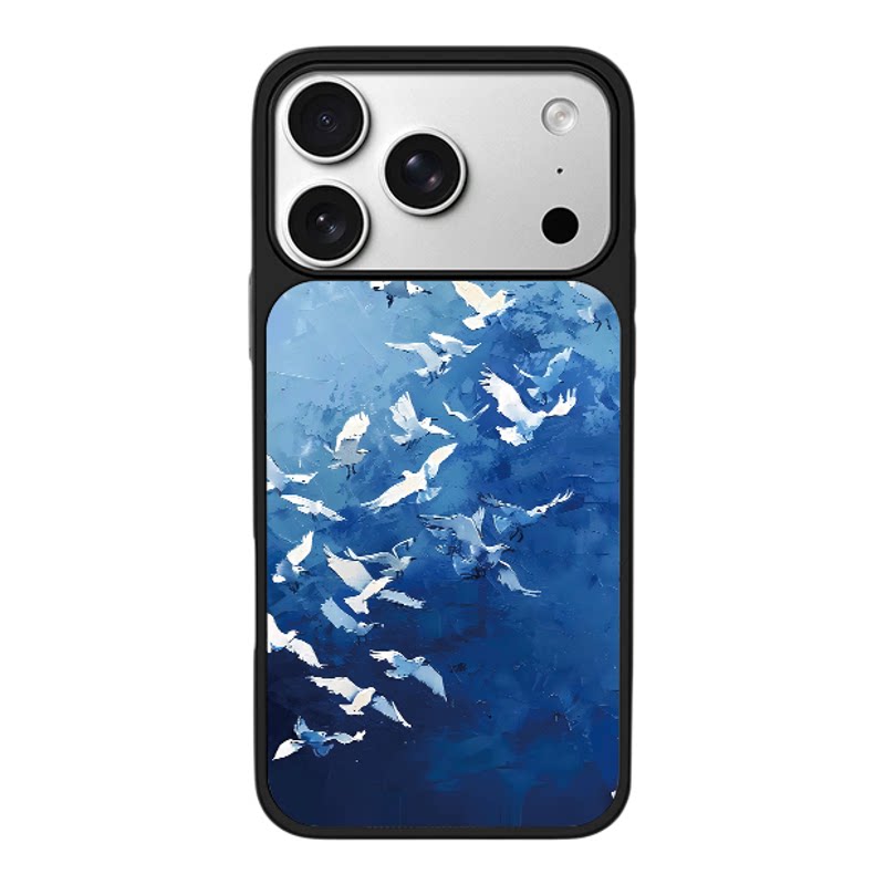 浓郁深浅蓝厚涂油画白鸽飞鸟适用苹果17promax新款手机壳iPhone air/16pro/15plus14玻璃13pro小众手机套冰感