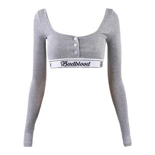 韩国正品badblood超短款U领纽扣字母边爵士跳舞紧身上衣T恤高腰裤
