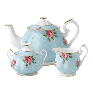 现货 礼盒装 Royal ALbert蓝玫瑰茶壶大号糖罐奶罐三件套下午茶具