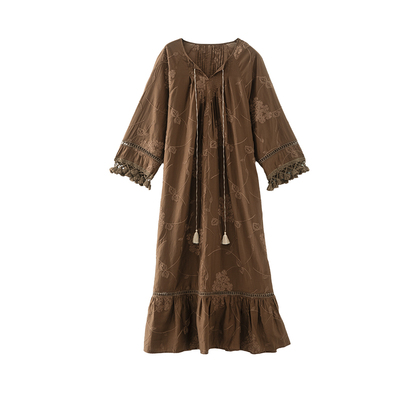 美丽客栈民族风九分袖流苏连衣裙