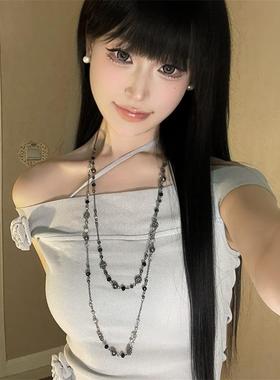 覆古辣妹做旧长版双层项炼波西米亚风花卉串珠叠戴锁骨炼小众颈炼