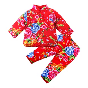 1-5岁东北花棉袄大花袄套装宝宝大花布冬装男女童红色棉服保暖