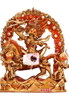 吉祥天母护法尼泊尔手工紫铜鎏金护法摆件吉祥天女23厘米铜像