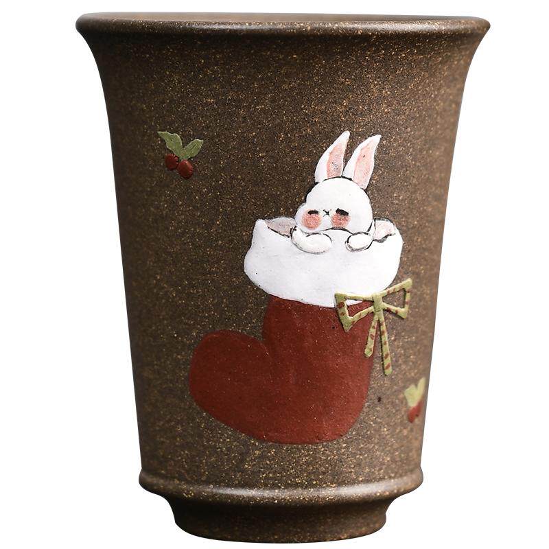 泥绘工艺兔子原矿纯手工紫砂杯