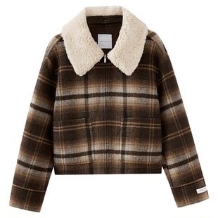 水云间复古咖色格纹毛呢外套女短款双面毛呢羊毛大衣可拆卸毛领冬