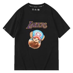 海贼王联名湖人篮球队短袖T恤衫宽松夏男女宽松纯棉路飞乔巴半袖