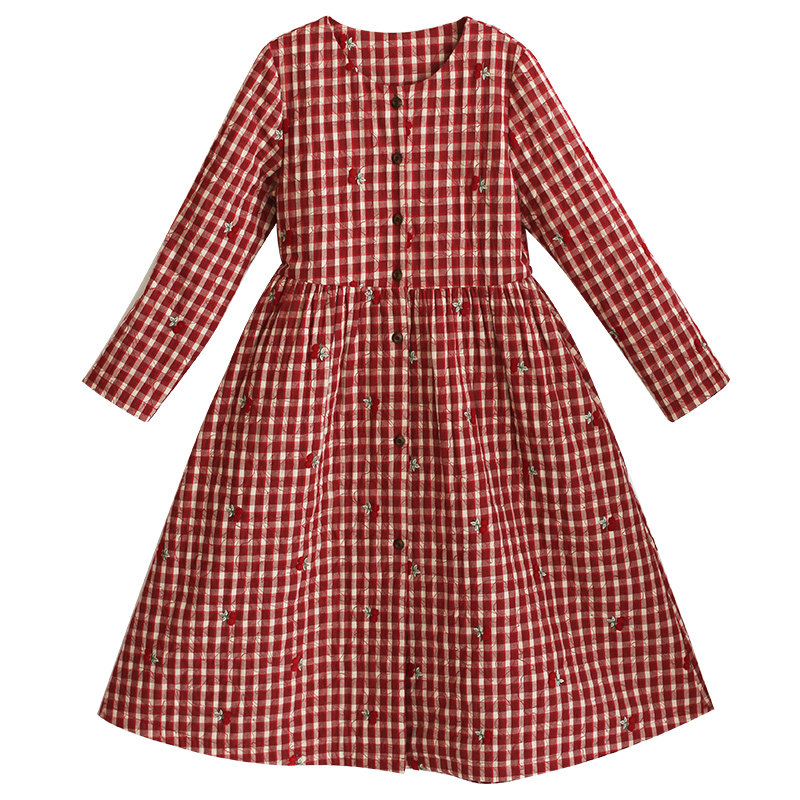 复古红格子圆领棉衣女冬季棉服款