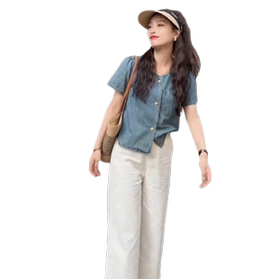 时尚薄款牛仔小飞袖短袖衬衫女2025夏季新款宽松显瘦短款开衫上衣