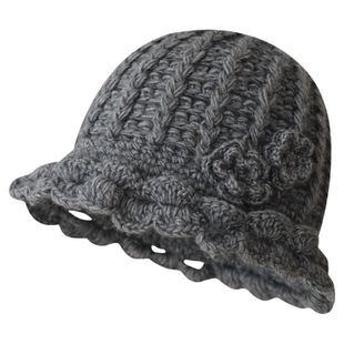 手工钩织简约纯色盆帽立体花朵针织渔夫帽甜美双层花边圆顶毛线帽