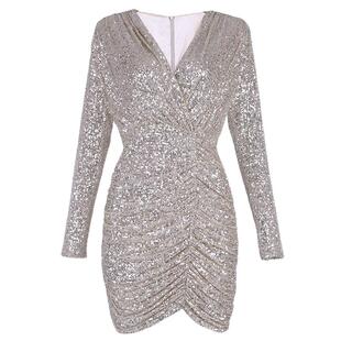 时尚高级感气质长袖短款连衣裙修身名媛轻奢亮片派对宴会晚礼服女