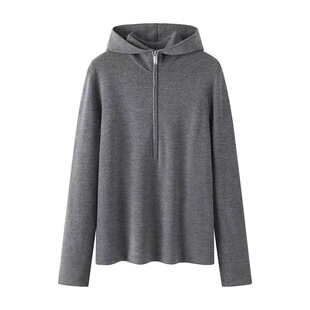 连帽针织衫上衣女款2026新款春季套头宽松慵懒风高级感半拉链毛衣