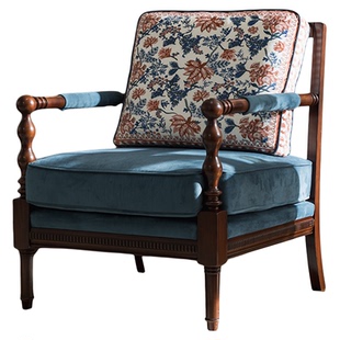 蓝色沙发椅单人休闲椅布艺沙发老虎凳复古实木沙发客厅主人椅