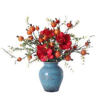 原野中式结子石榴仿真花假花套装 客厅装饰花陶瓷花瓶摆件北欧风