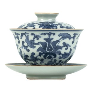 三勤堂青花盖碗景德镇陶瓷泡茶器青花缠枝莲三才盖碗手绘功夫茶具