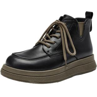 华耐厚底加绒马丁靴女2025秋冬新款英伦风短靴低帮黑色平底小皮鞋