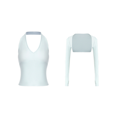 V领挂脖露背吊带背心坎肩两件套