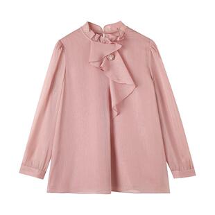 CHESONSE【落梅果】宝家 优雅荷叶边衬衫纯色长袖雪纺衫6013