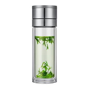 保尔车载玻璃杯一键速开双层加厚防烫便携水杯子高档金属盖泡茶杯