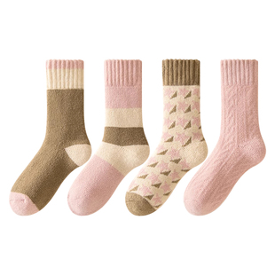 加绒超厚袜子女款秋冬加厚保暖羊毛圈潮款中筒袜复古拼接冬天长袜