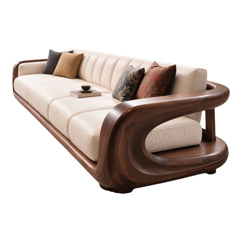 新中式北美黑胡桃木实木沙发直排大户型别墅高端客厅家用真皮沙发