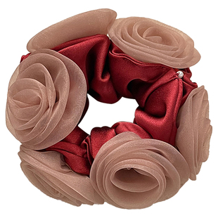 拿捏气质~法式温柔网纱玫瑰红色大肠发圈头绳女扎丸子头皮筋发饰