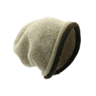 含羊毛撞色卷边针织冷帽女冬季大头围显脸小护耳堆堆帽保暖毛线帽