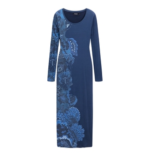 Desigual深蓝色复古植物印花长袖弹力修身长款连衣裙