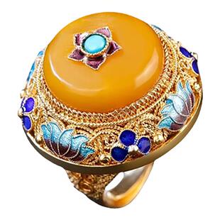 非遗手工银花丝镶嵌黄玉蜜蜡S925银戒指复古宫廷鎏金大个拇指环女