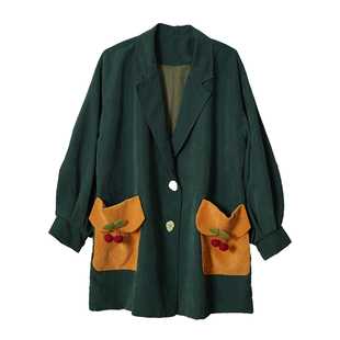 pinkwink小星夜 原创春季墨绿撞色复古樱桃宽松休闲小西装女外套