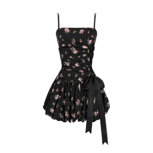 VOCK 仲夏梦 法式浪漫度假蝴蝶结收腰显瘦情人节花苞裙碎花连衣裙