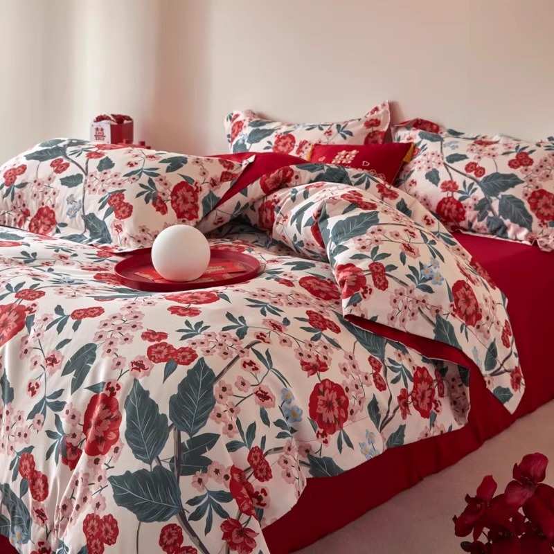 简约陪嫁结婚四件套大红色新婚床单被套纯棉婚庆床上用品婚房喜被