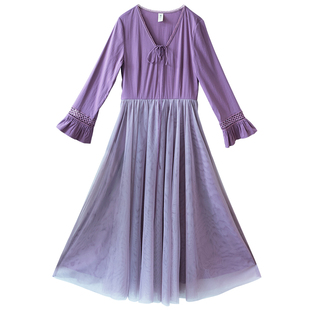 【烟光暮紫】复古拼接网纱连衣裙女秋季收腰显瘦裙浪漫镂空花边袖