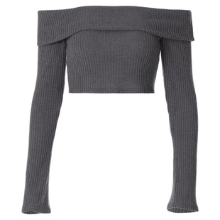 gusty纯欲辣妹翻领一字肩长袖针织衫2025秋季百搭露腰螺纹短上衣