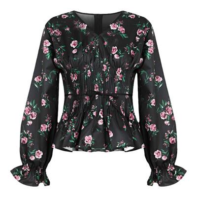 sdeerV领风琴褶碎花收腰长袖衬衫