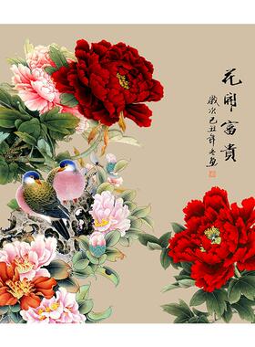 新中式方形牡丹油画布装饰画