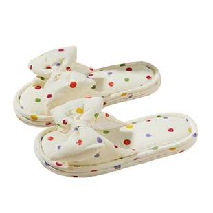 新款居家韩系圆点纯棉布艺加厚布底静音女士家居室内地板拖鞋四季