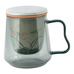 手绘荷花泡茶杯茶水分离陶瓷内胆办公室杯子过滤马克杯玻璃带把