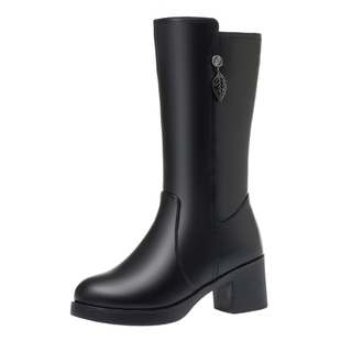 冬季真皮女单靴加绒加厚中筒靴粗跟中跟加绒保暖羊毛高筒皮靴马靴