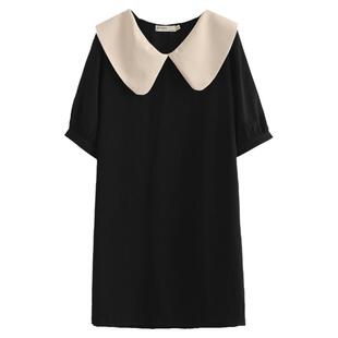 连衣裙大码胖mm显瘦夏天2023新款减龄拼色娃娃领宽松遮肉短袖裙子