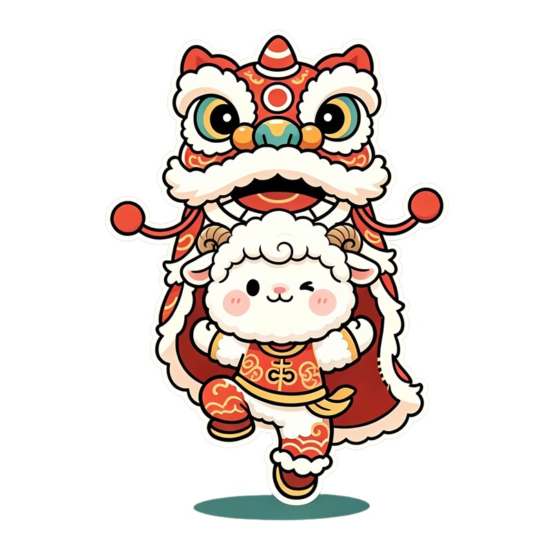 羊年舞狮小羊墙贴贴纸可爱萌趣舞狮造型元宝铜钱新春自粘装饰贴画
