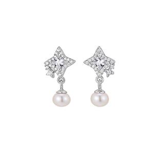 周大生四芒星珍珠耳钉925银耳针扁圆珍珠强光淡水珍珠耳饰礼物