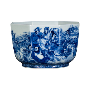 钟家窑主人杯 景德镇柴窑青花手绘八仙过海八方杯功夫茶具个人杯