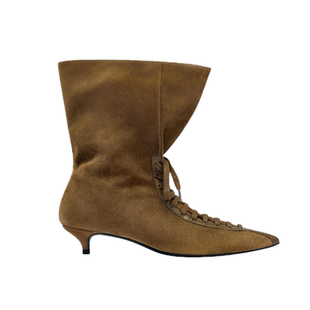 羊皮~韩版尖头绑带女巫靴棕色中跟细跟短靴高跟瘦瘦靴子2026新款